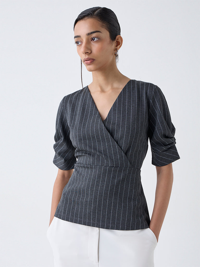 Wardrobe Grey Pinstriped Top