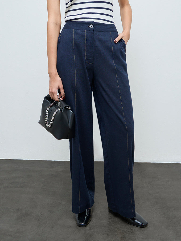 Wardrobe Navy Solid High-Rise Trousers