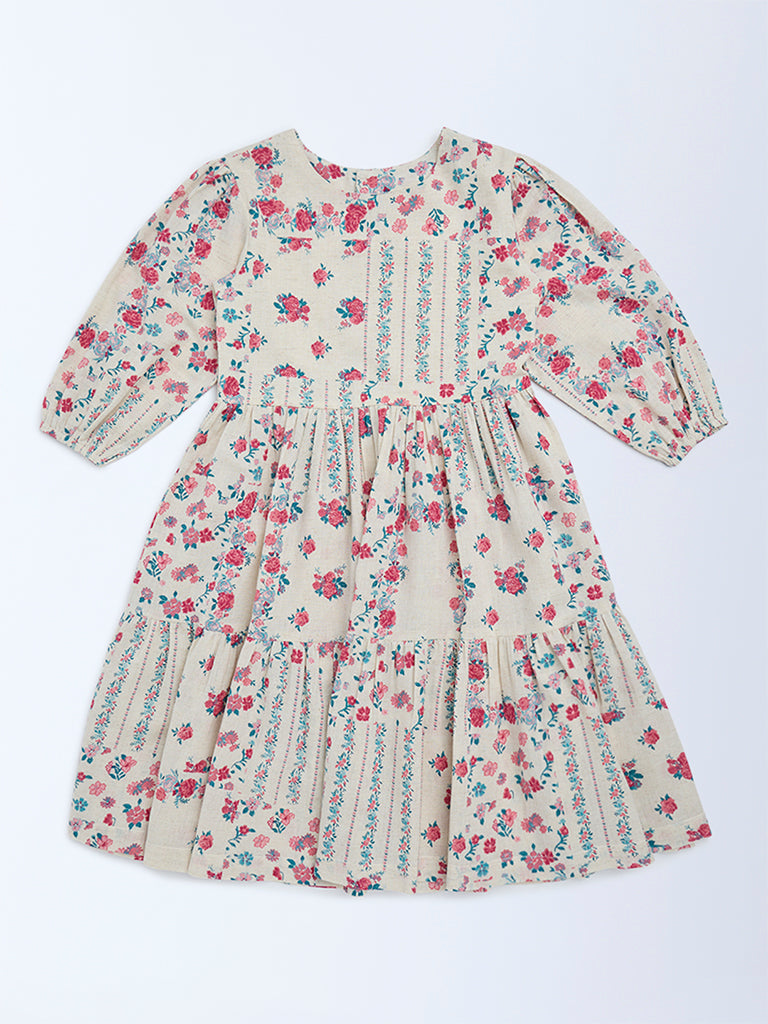 Utsa Kids Girls Off-White Floral Cotton-Blend Tiered Dress - (8-14 yrs)