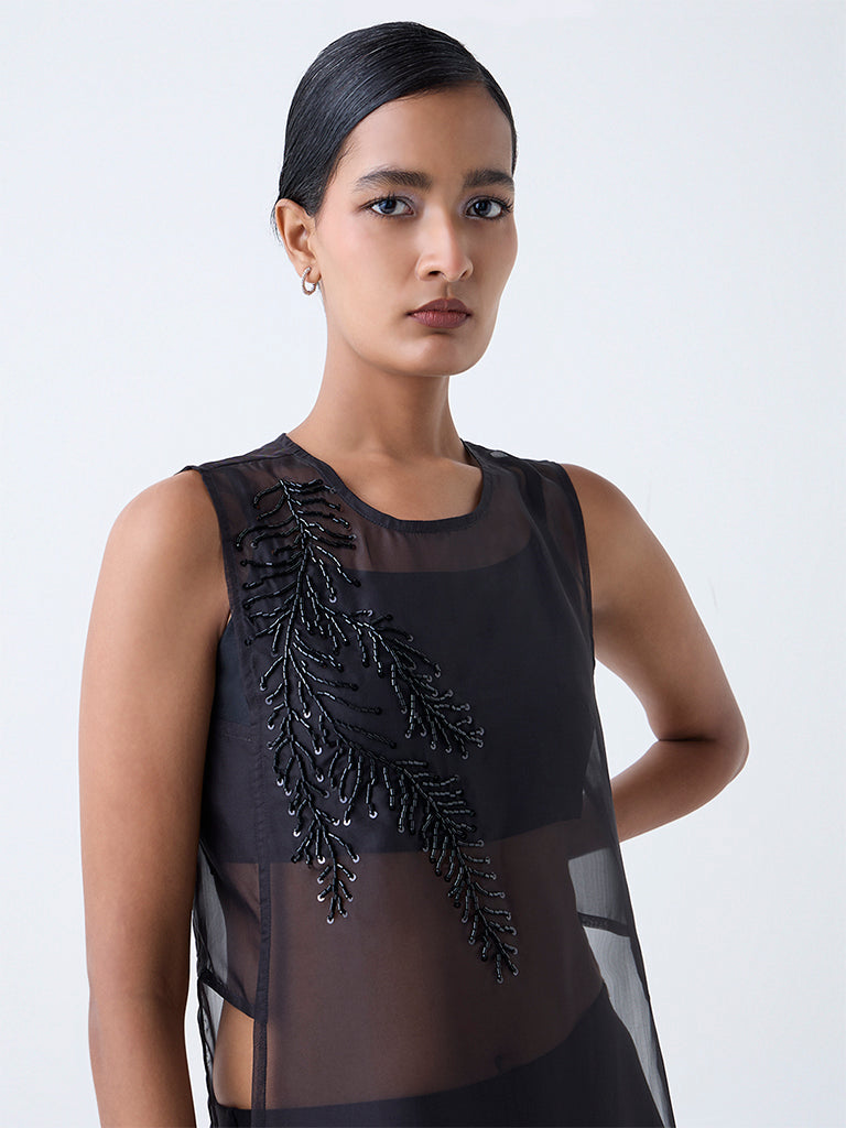 Vark Black Embellished Sheer Kurta with Inner