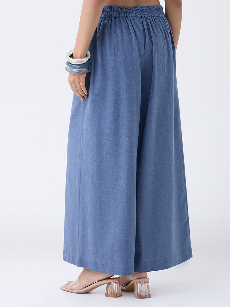 Utsa Dusty Blue Solid Cotton Palazzos