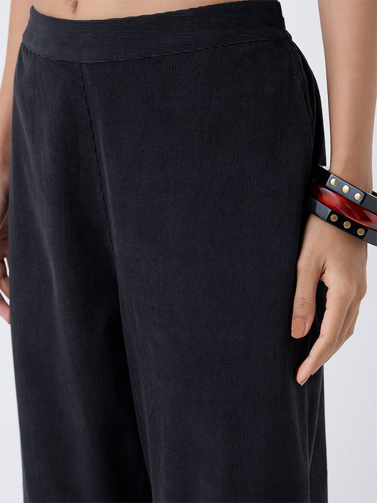 Utsa Black Corduroy Cotton Palazzos