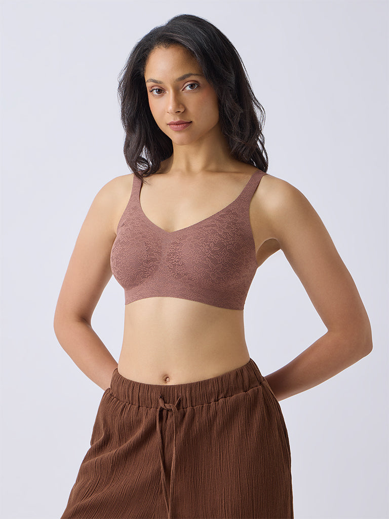 Wunderlove Light Brown Lace-Detailed Invisible Padded Bra