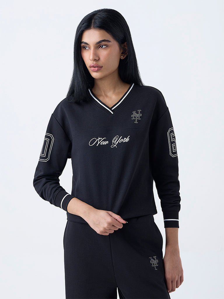 Studiofit Black Text Printed Cotton-Blend T-Shirt