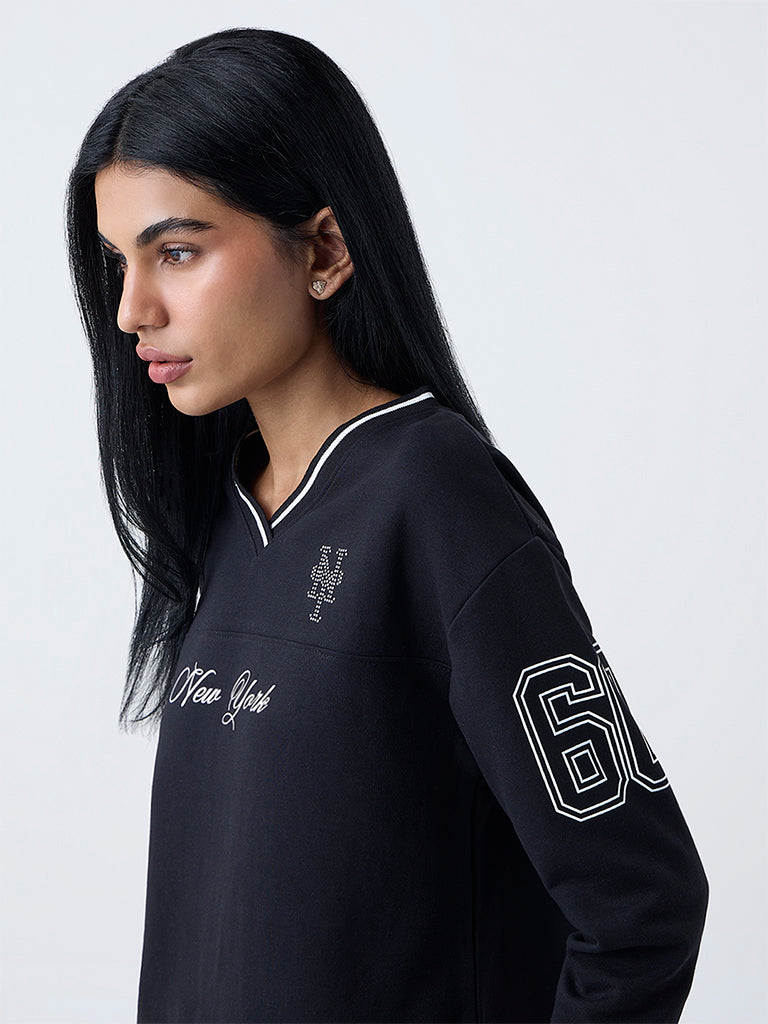 Studiofit Black Text Printed Cotton-Blend T-Shirt