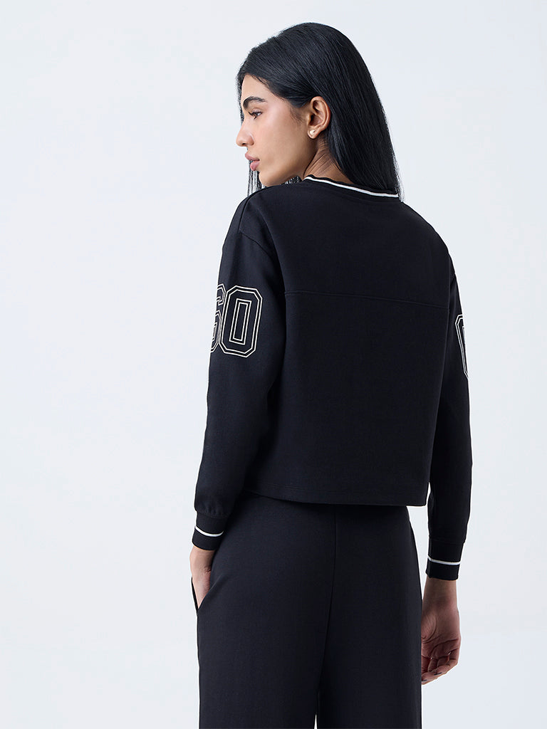 Studiofit Black Text Printed Cotton-Blend T-Shirt