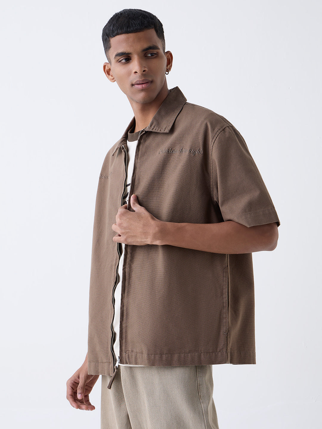 Nuon Brown Text Design Relaxed-Fit Cotton Jacket