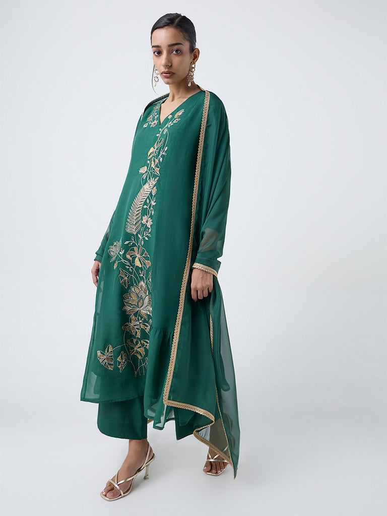 Vark Green Floral Embroidered A-Line Ethnic Set