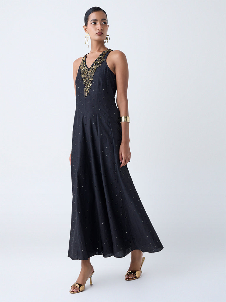 Vark Black Embellished A-Line Dress