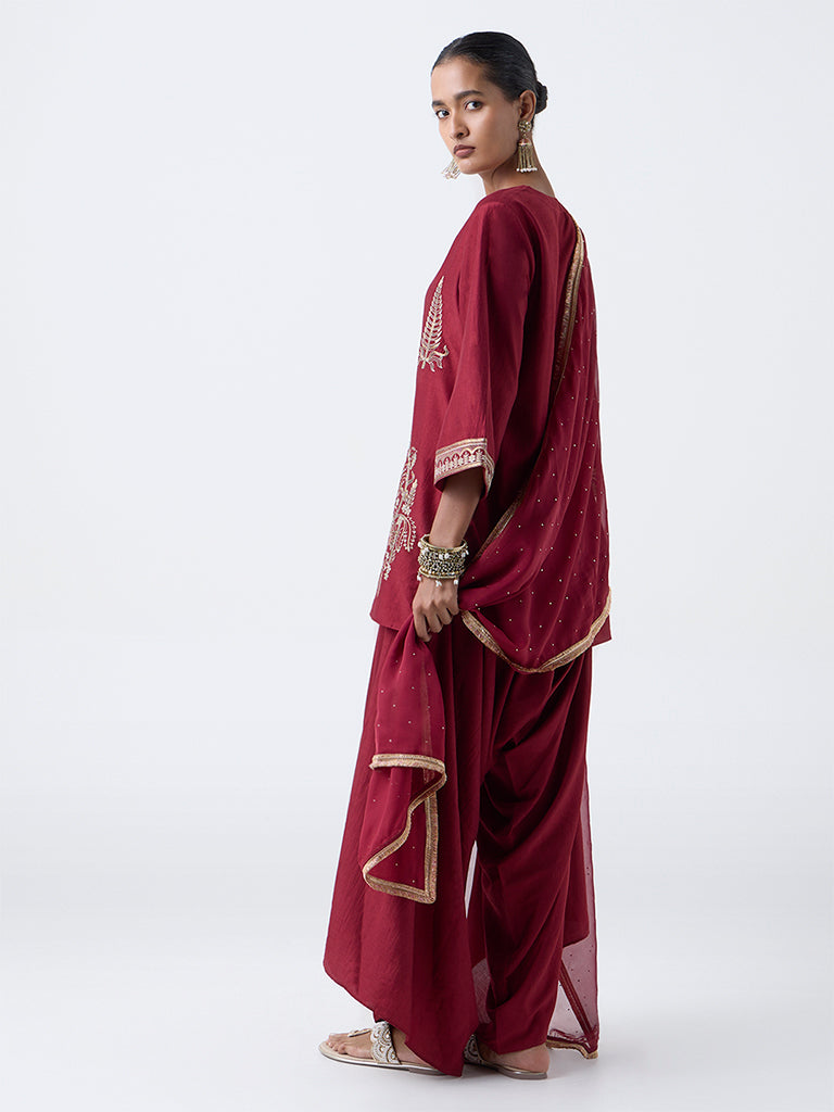 Vark Red Embroidered A-Line Ethnic Set