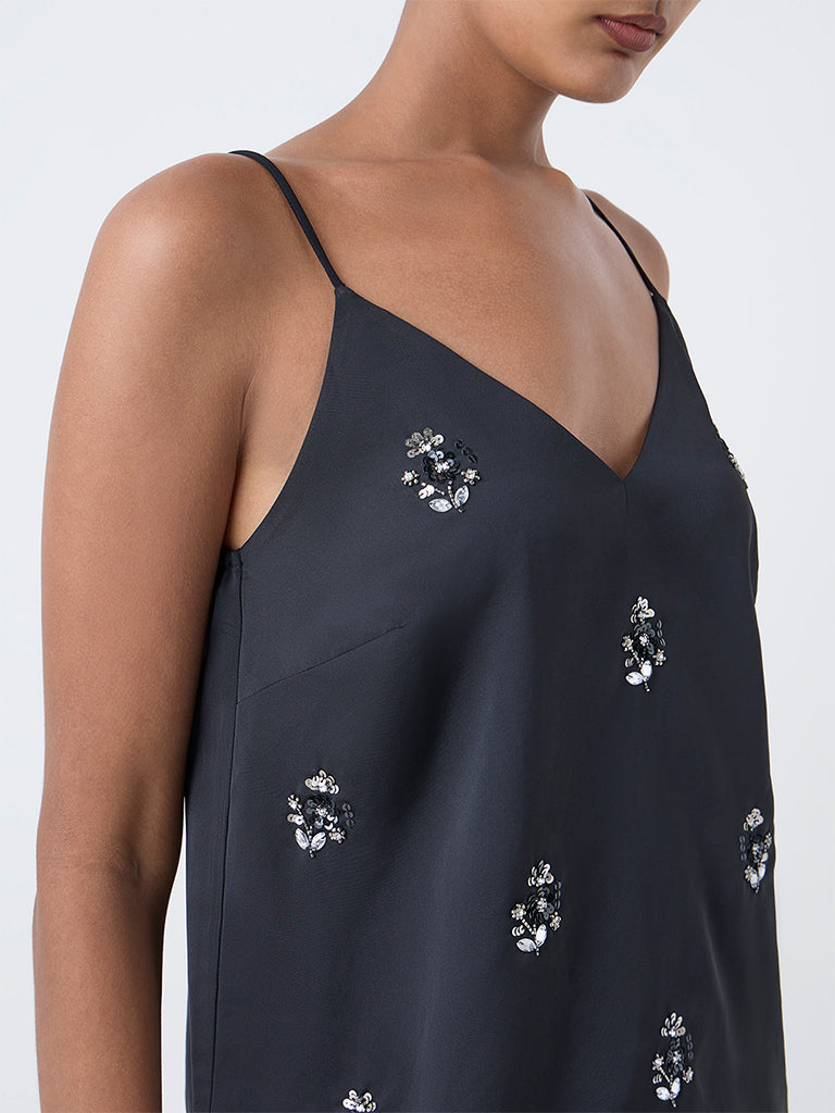 Vark Black Sequin Embellished Top and Pants Set