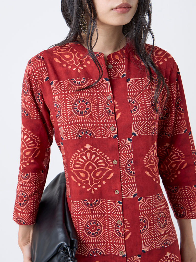 Utsa Red Printed A-Line Kurta