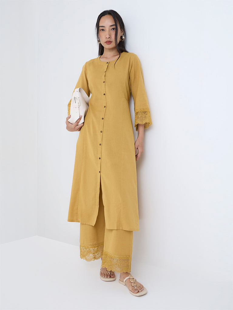 Utsa Mustard Lace-Detailed A-Line Cotton-Blend Kurta