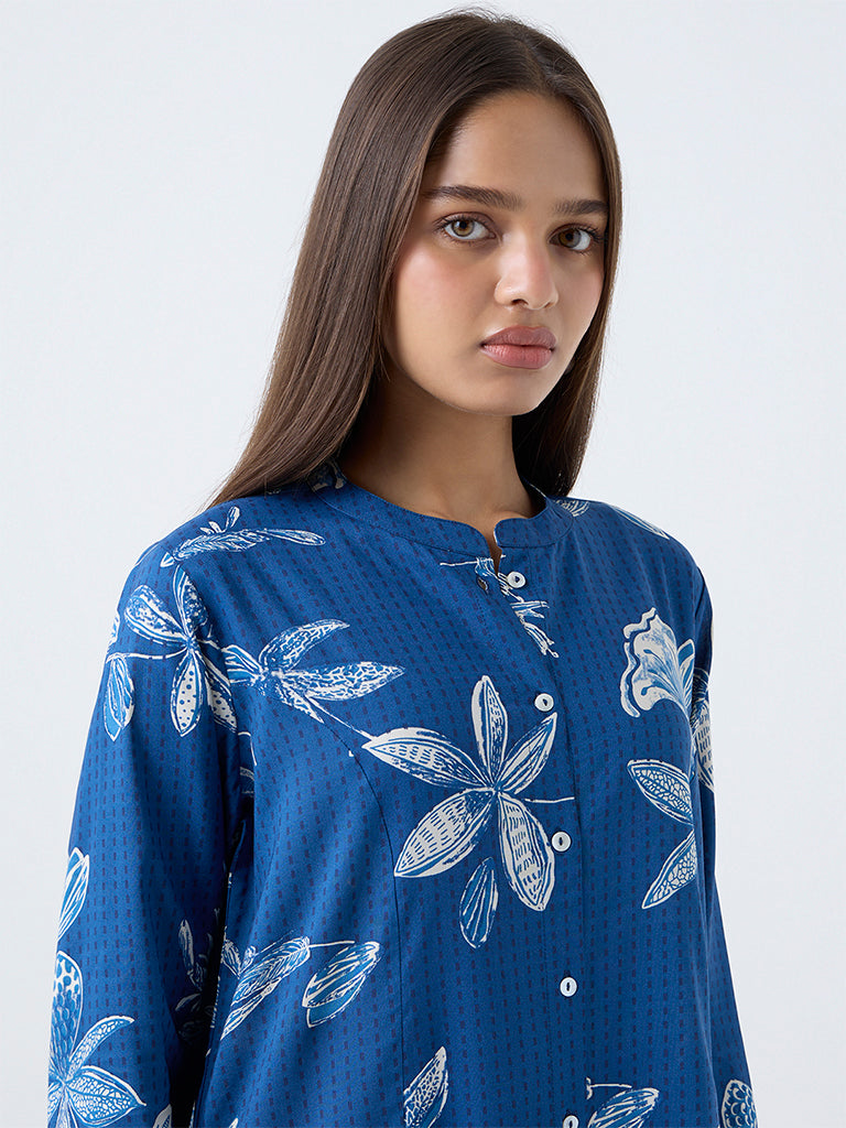 Utsa Blue Floral Printed A-Line Kurta