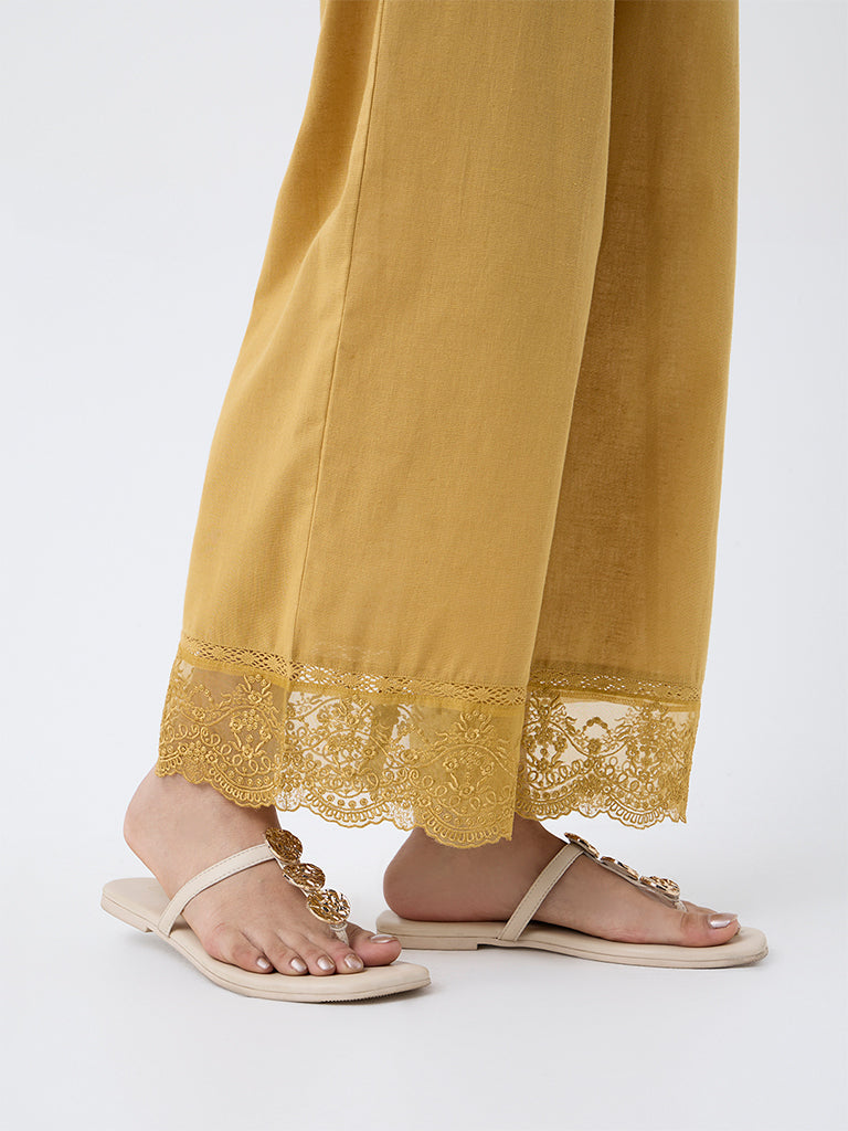Utsa Mustard Lace-Detailed Cotton-Blend Ethnic Pants