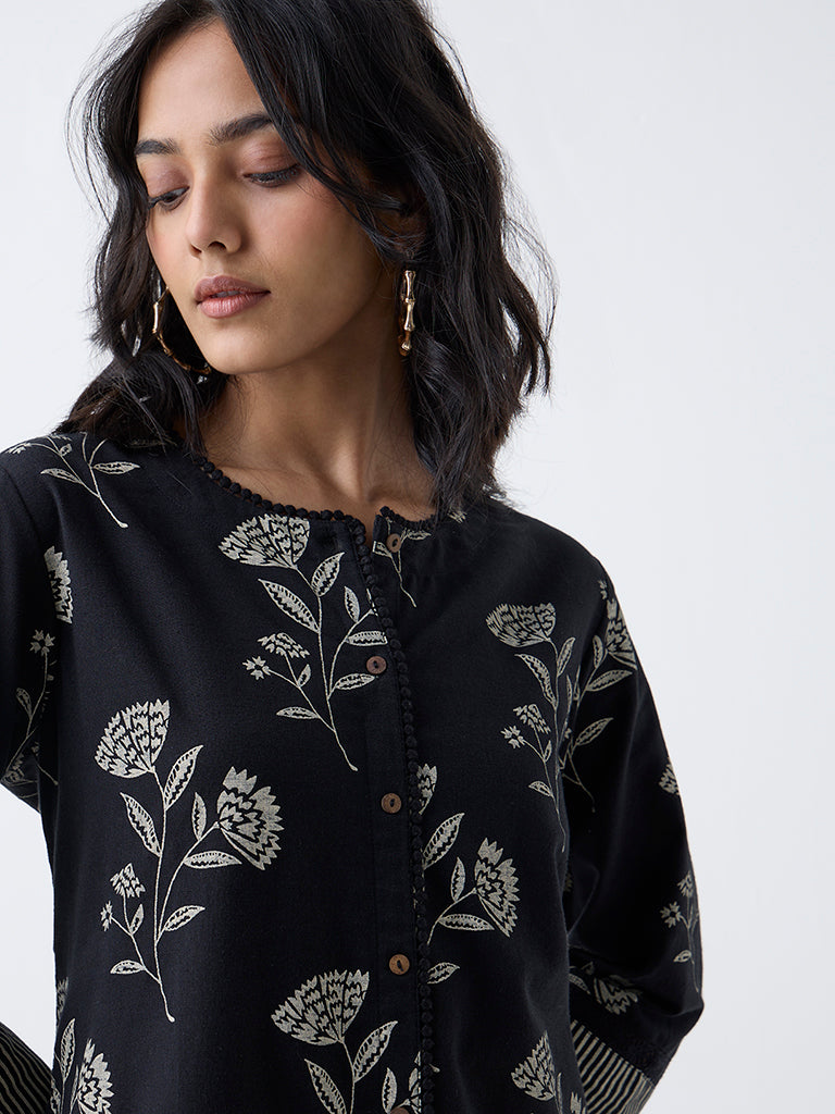 Utsa Black Floral Design Cotton-Blend A-Line Kurta