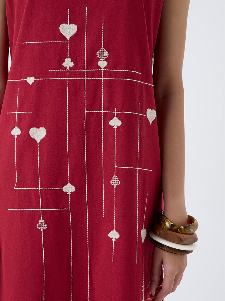 Utsa Red Embroidered Cotton-Blend Straight Kurta