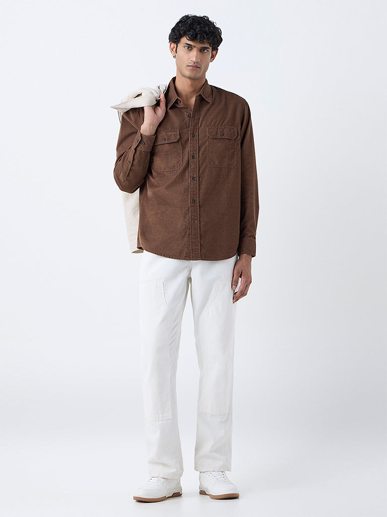 WES Casuals Brown Textured Relaxed-Fit Cotton Shirt