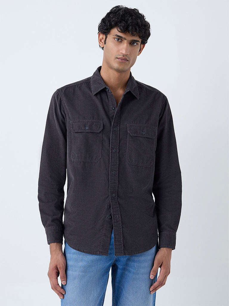 WES Casuals Charcoal Textured Relaxed-Fit Cotton Shirt