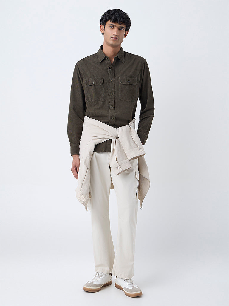 WES Casuals Olive Textured Relaxed-Fit Cotton Shirt