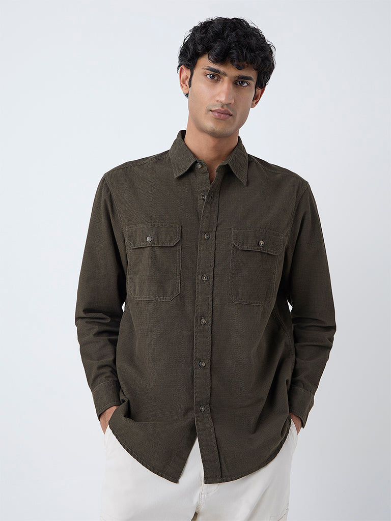 WES Casuals Olive Textured Relaxed-Fit Cotton Shirt