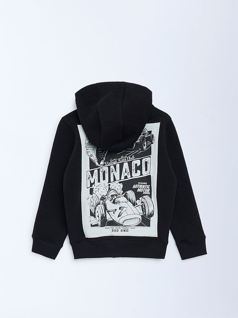 HOP Kids Boys Black Printed Cotton-Blend Hooded Jacket