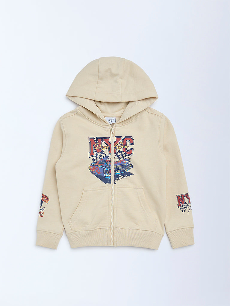HOP Kids Boys Beige Printed Cotton-Blend Hooded Jacket