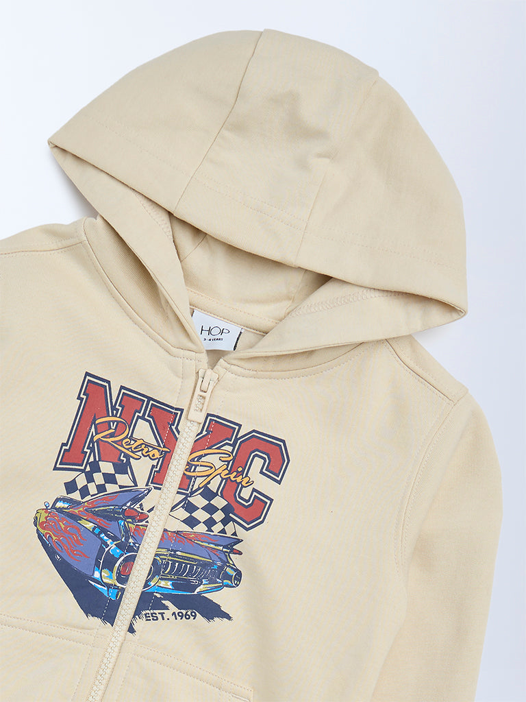 HOP Kids Boys Beige Printed Cotton-Blend Hooded Jacket