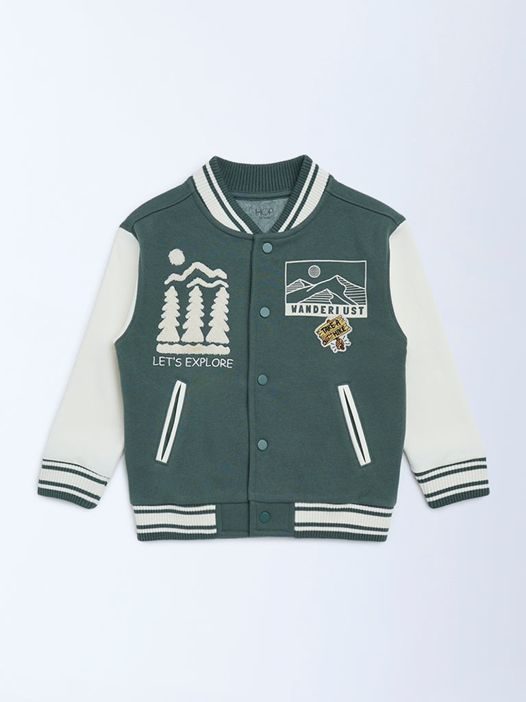 HOP Kids Boys Olive Printed Cotton-Blend Varsity Jacket