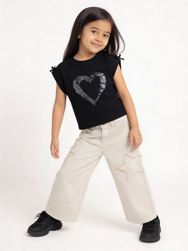 HOP Kids Girls Black Embellished Cotton T-Shirt