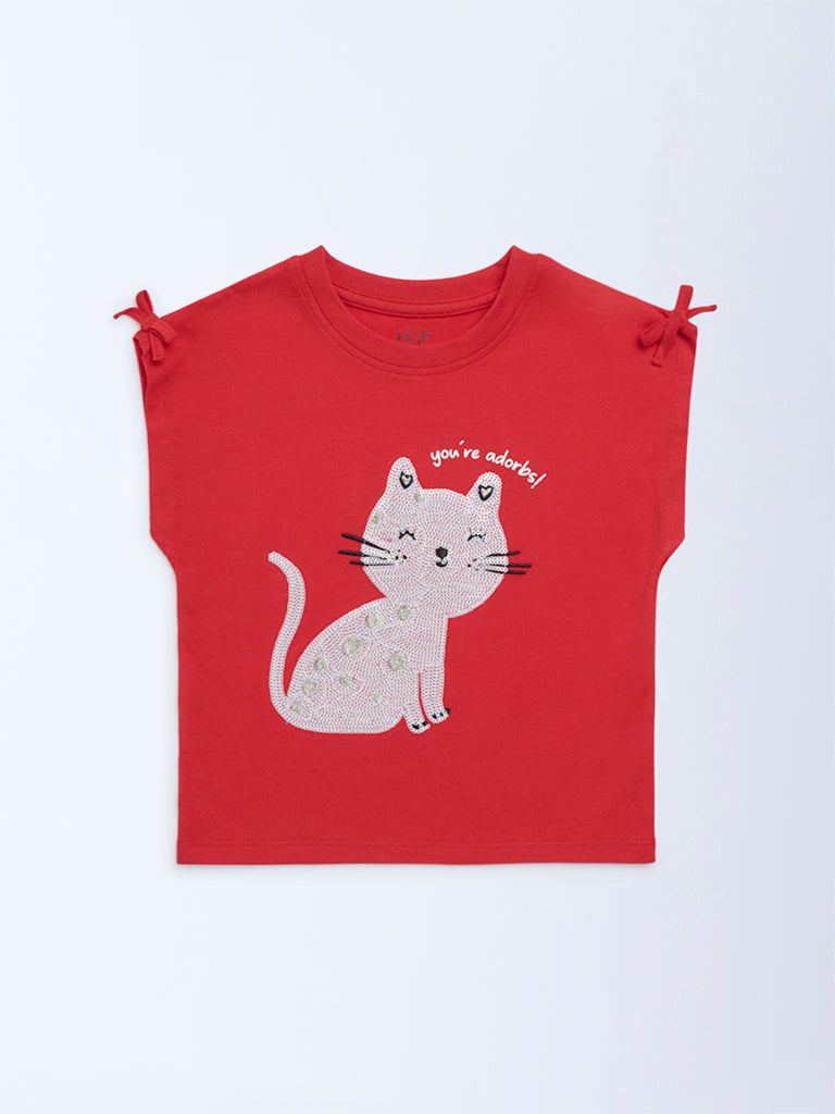 HOP Kids Girls Red Embellished Cotton T-Shirt