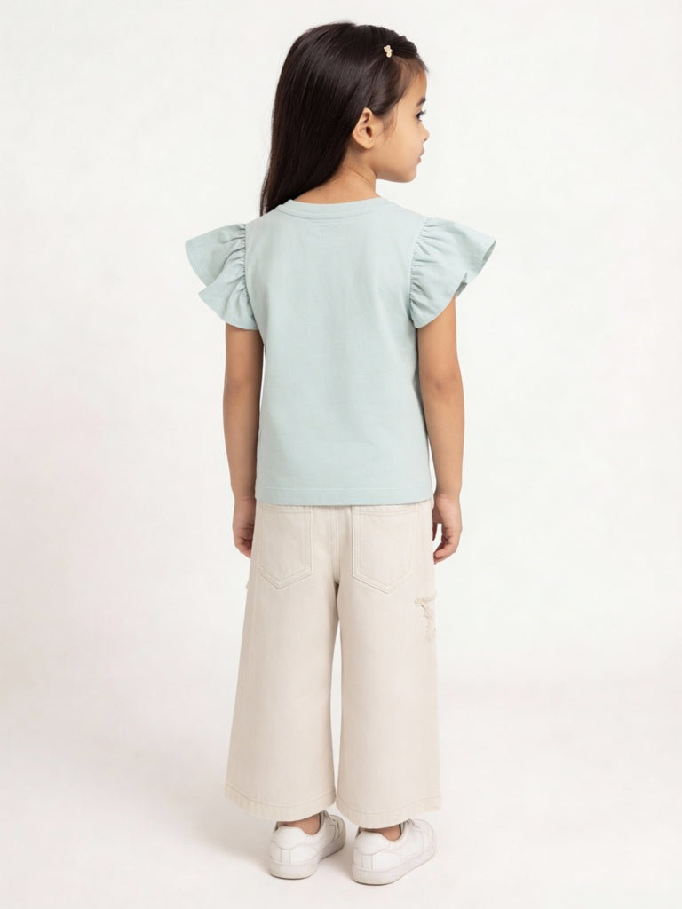 HOP Kids Girls Sage Animal Embroidered Cotton Top