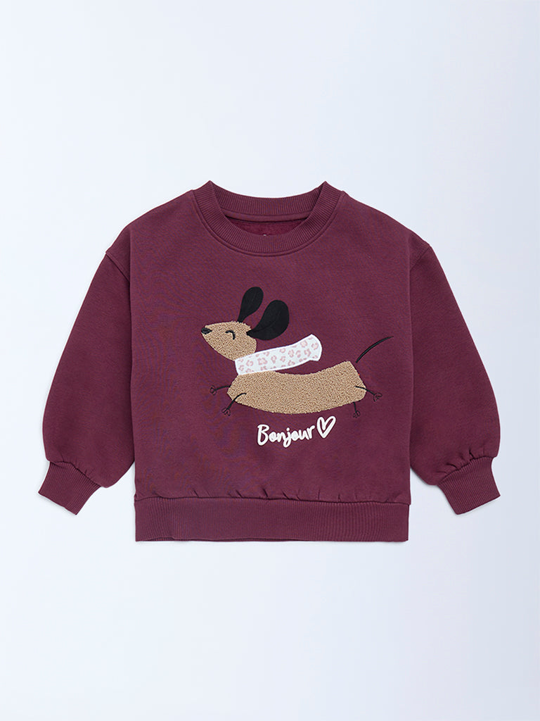HOP Kids Girls Plum Animal Embroidered Cotton-Blend Sweatshirt