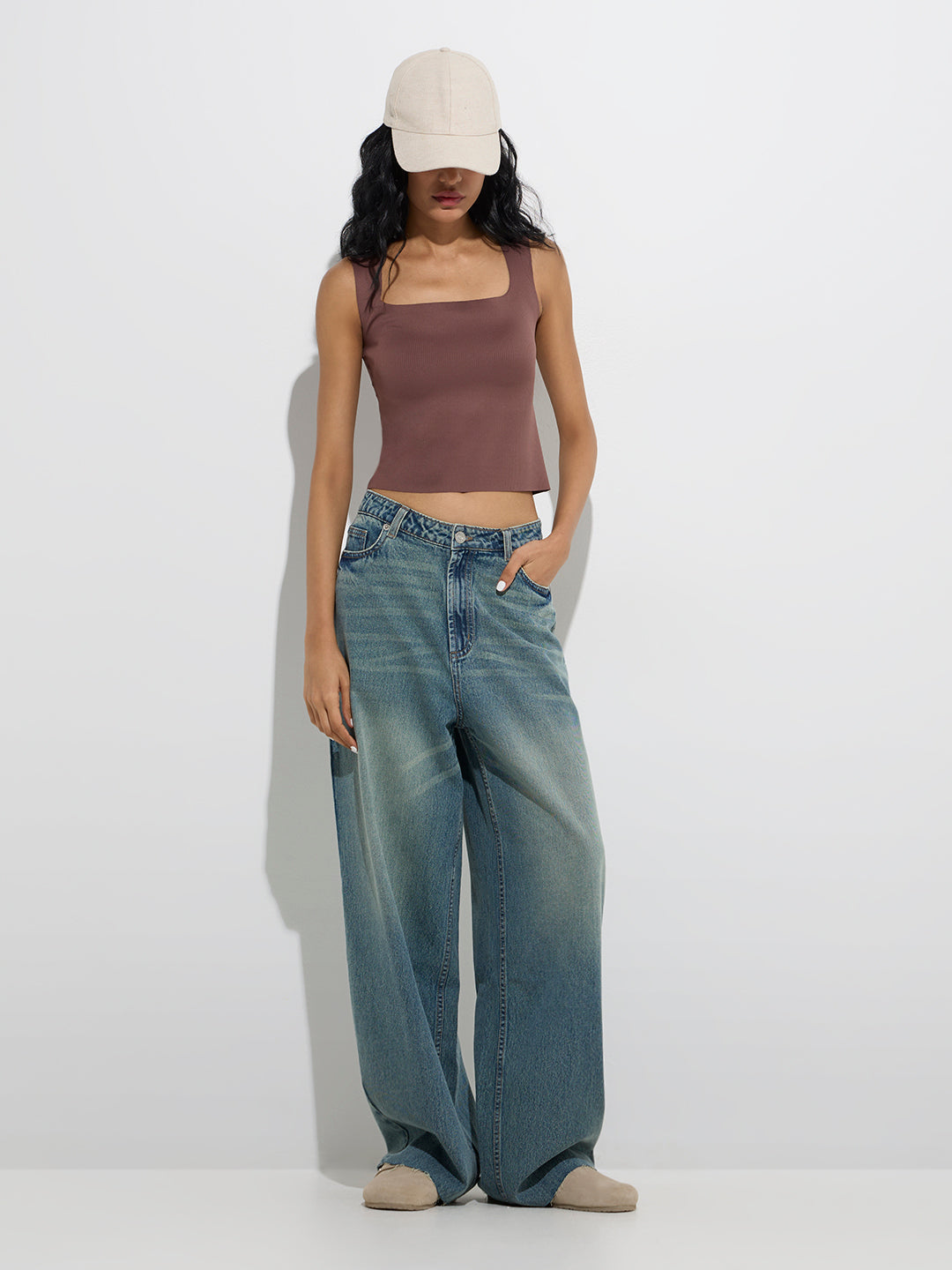 Superstar Brown Ribbed-Textured Padded Tank Top