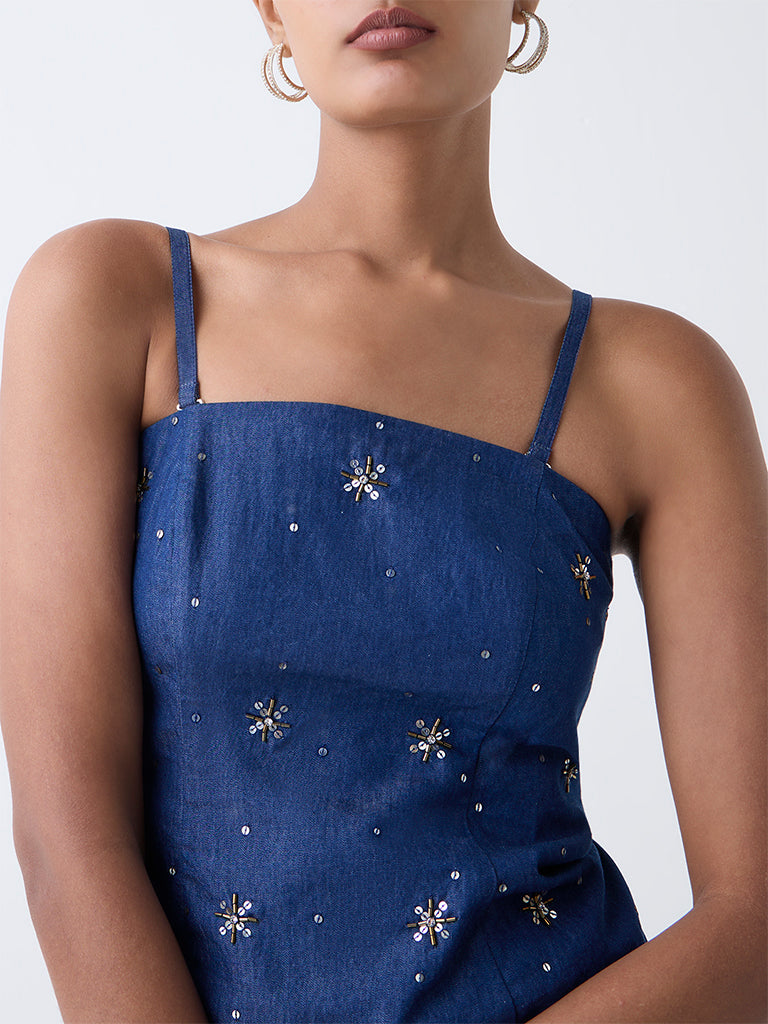 Vark Blue Embellished Cotton Tube Top