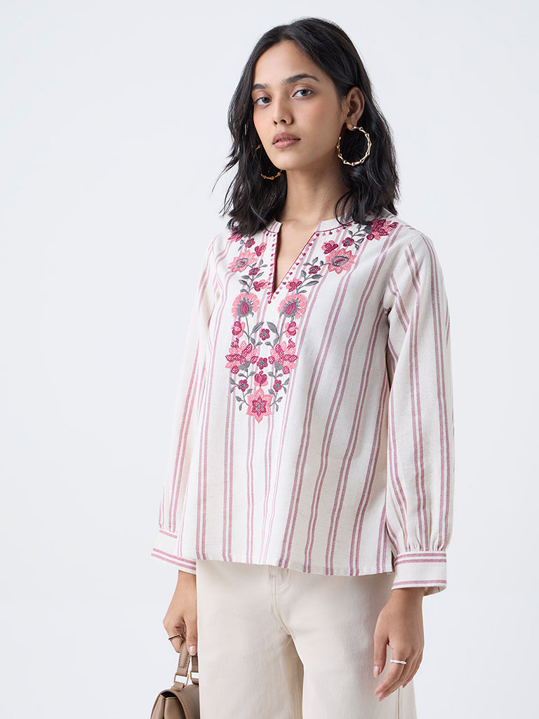 Utsa Beige Floral Embroidered Cotton-Blend Tunic