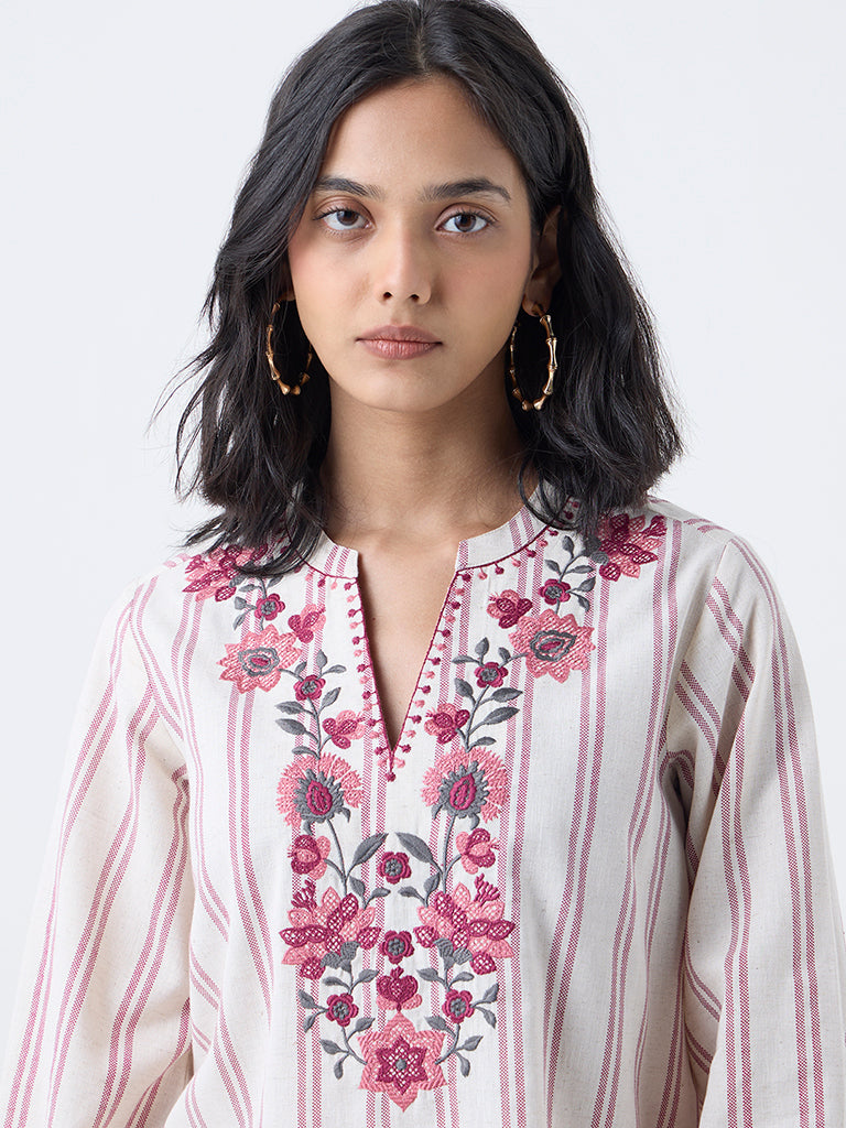 Utsa Beige Floral Embroidered Cotton-Blend Tunic