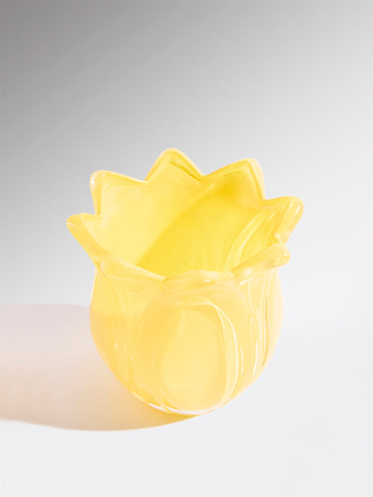 Westside Home Yellow Glass Lotus Tealight Candle Holder