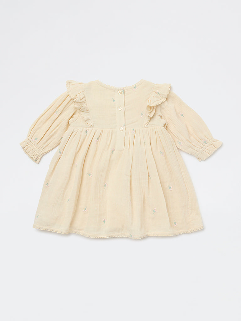HOP Baby Girls Beige Floral Embroidered A-Line Cotton Dress