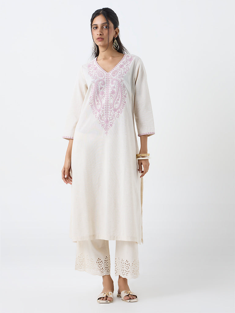 Utsa Off-White Embroidered Cotton-Blend A-Line Kurta
