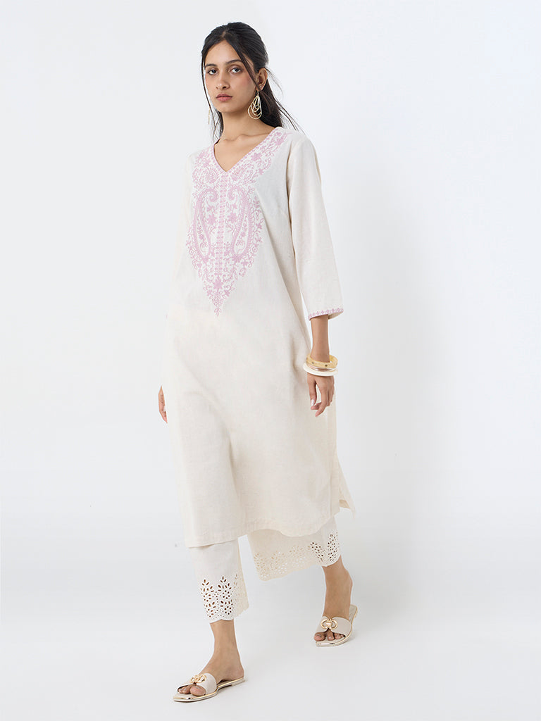 Utsa Off-White Embroidered Cotton-Blend A-Line Kurta