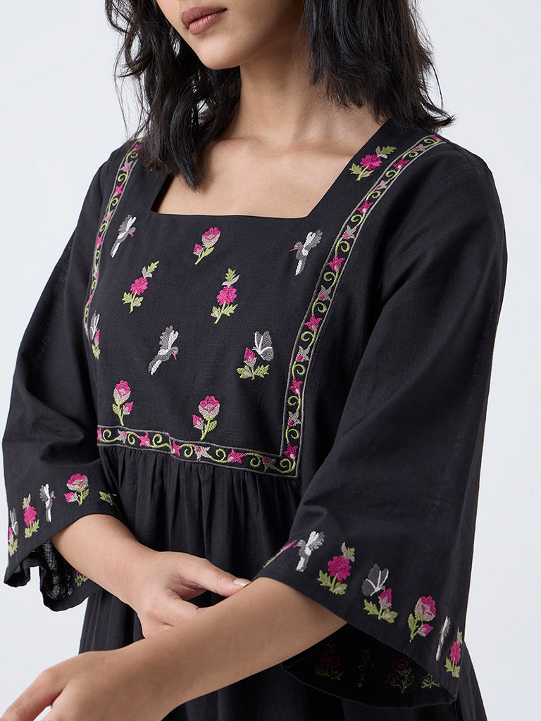 Utsa Black Floral Embroidered Fit-and-Flare Cotton Kurta