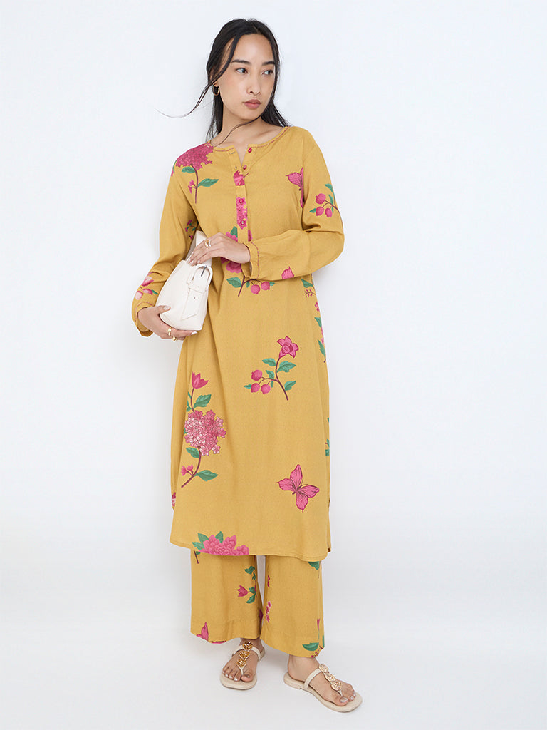 Utsa Mustard Floral Pattern A-Line Kurta