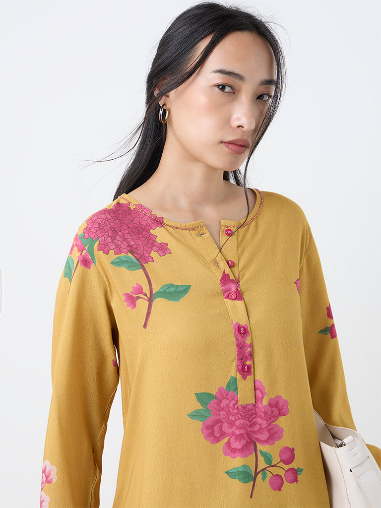 Utsa Mustard Floral Pattern A-Line Kurta