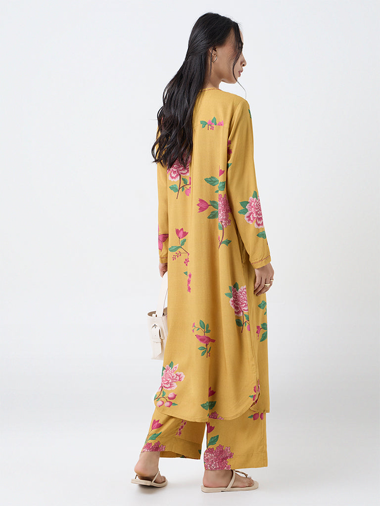 Utsa Mustard Floral Pattern A-Line Kurta