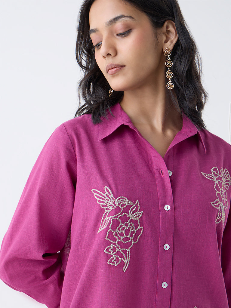 Utsa Magenta Floral Embroidered Cotton Straight Kurta