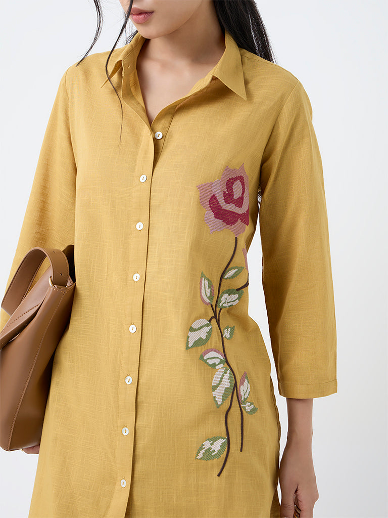 Utsa Mustard Floral Embroidered Cotton A-Line Kurta