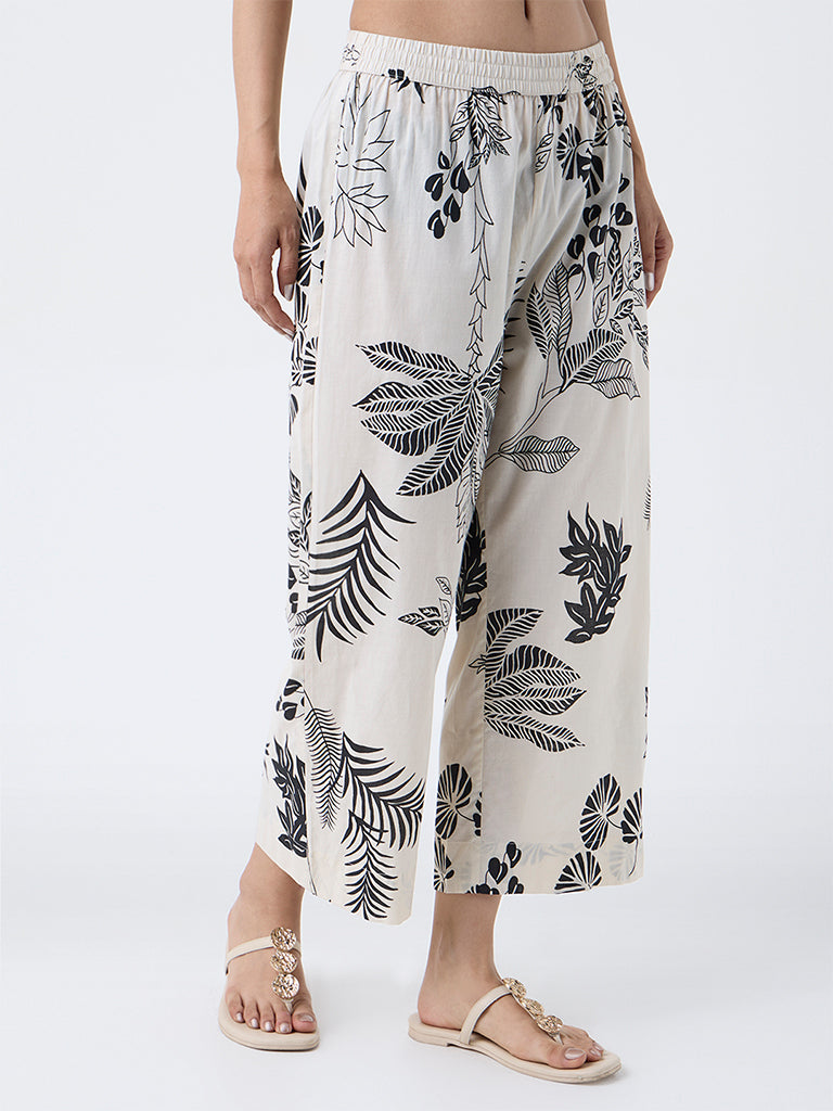 Utsa Off-White Foliage Printed Cotton Ethnic Pants