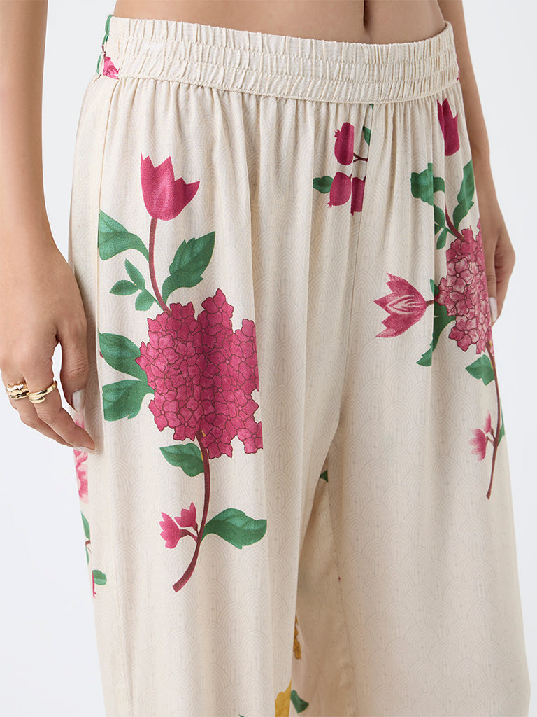 Utsa Cream Botanical Design Pants