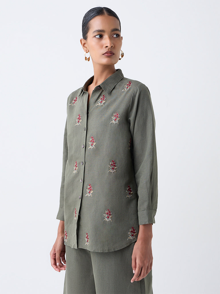 Zuba Olive Floral Embroidered Linen-Blend Tunic